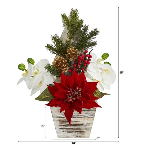 15" Poinsettia and Orchid Artificial Arrangement in Christmas Tree Vase