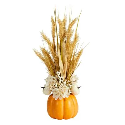 21" Autumn Dried Wheat and Pumpkin Artificial Fall Arrangement in Decorative Pumpkin Vase