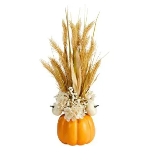 21" Autumn Dried Wheat and Pumpkin Artificial Fall Arrangement in Decorative Pumpkin Vase