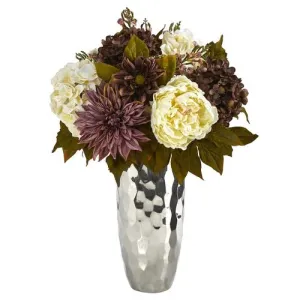 22" Peony, Hydrangea and Dahlia Artificial Arrangement in Silver Vase