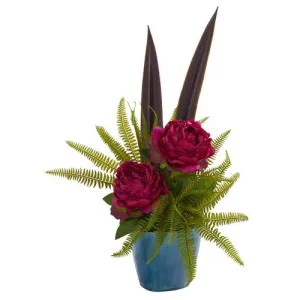 24" Peony and Fern Artificial Arrangement in Blue Vase