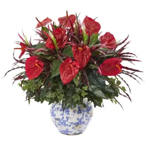 26" Mixed Anthurium Artificial Plant in Vintage Floral Planter