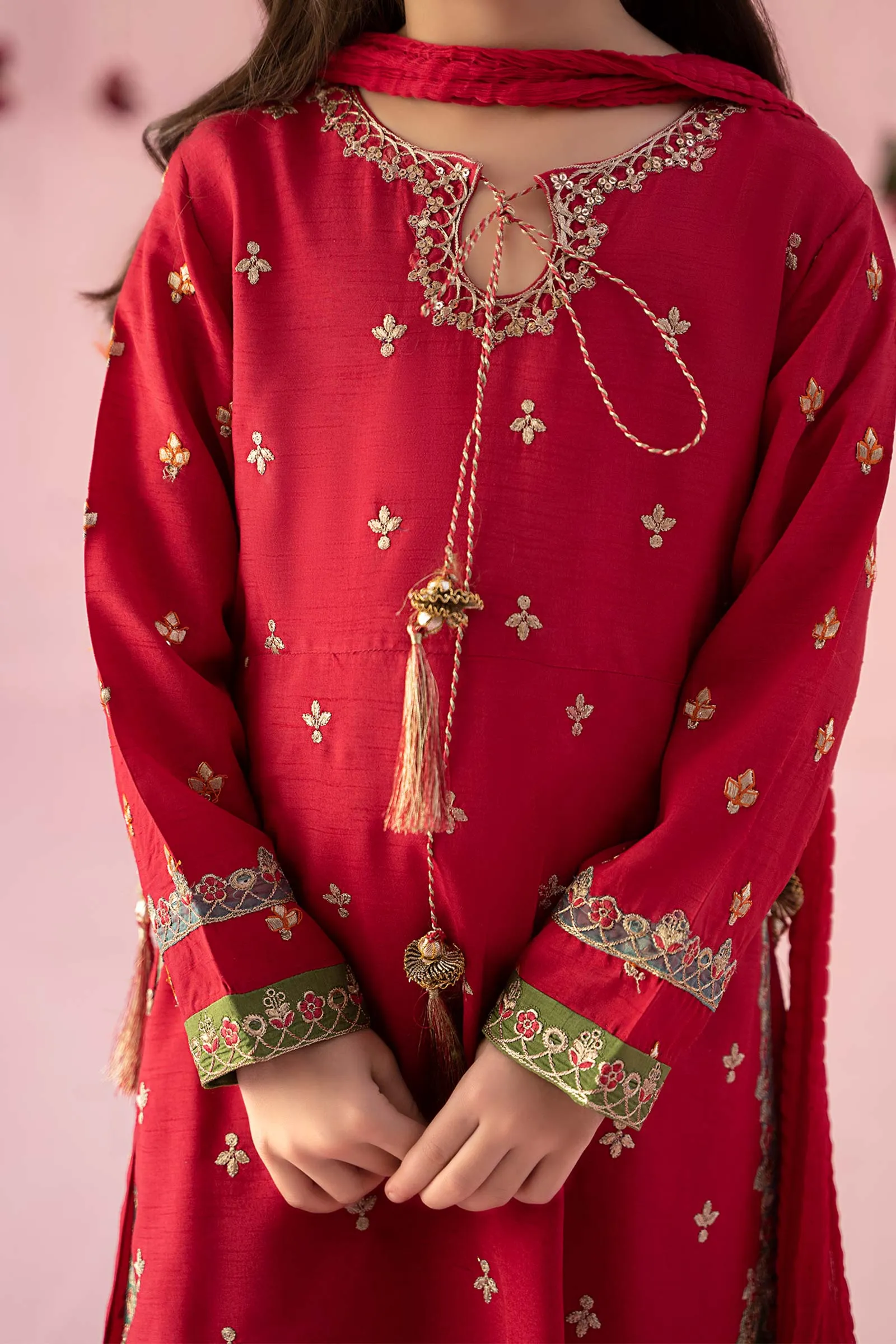 3 Piece Embroidered Raw Silk Suit | MKS-EF24-06