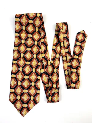 90s Deadstock Silk Necktie, Men's Vintage Black/ Gold/ Rust Quatrefoil Pattern Tie, NOS