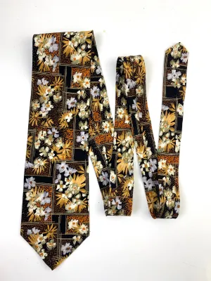 90s Deadstock Silk Necktie, Men's Vintage Gold/Black Floral Pattern Tie, NOS