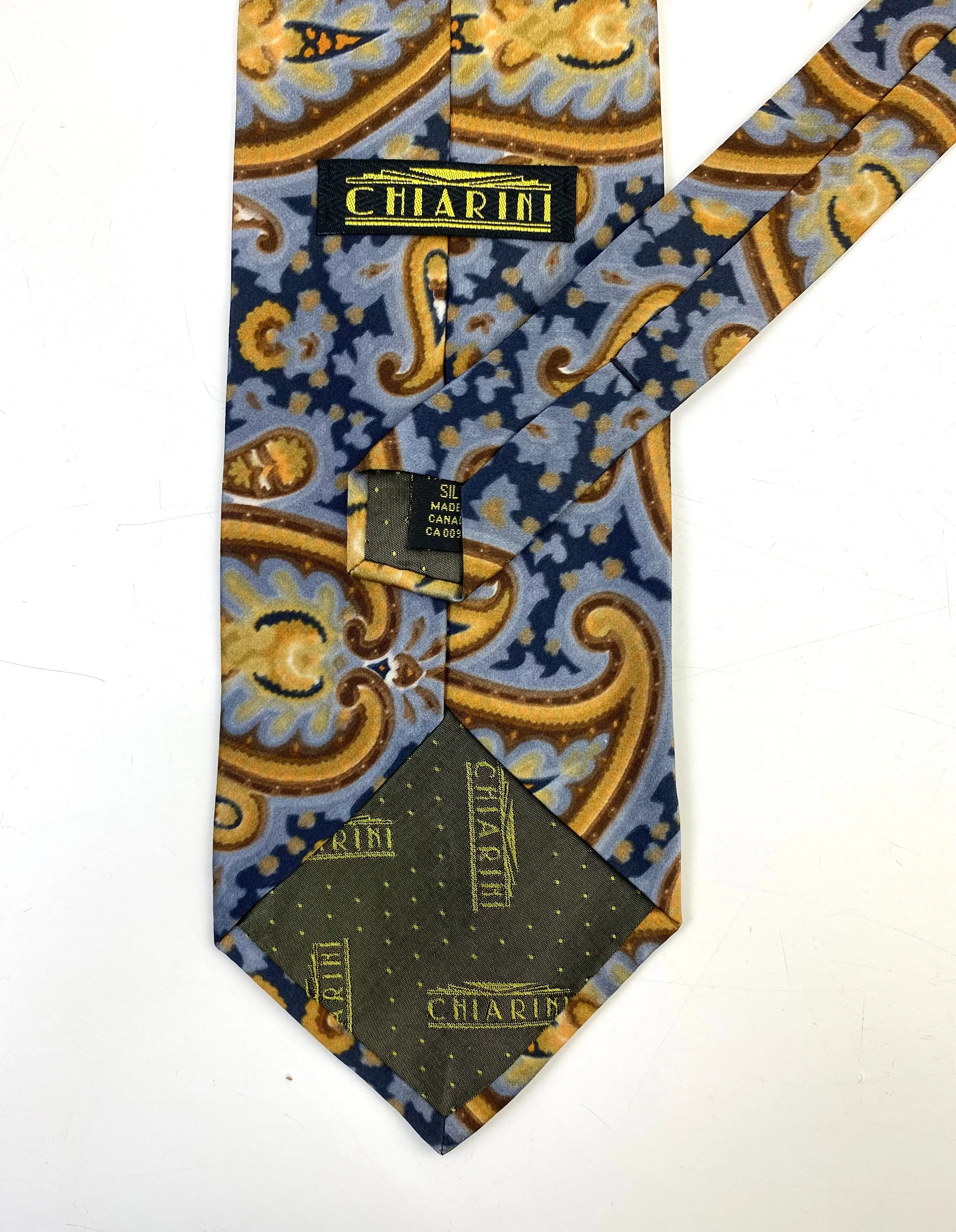 90s Deadstock Silk Necktie, Men's Vintage Gold/Blue Paisley Pattern Tie, NOS