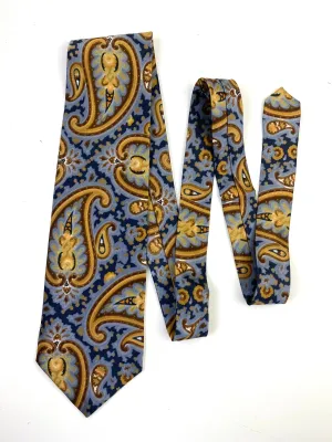 90s Deadstock Silk Necktie, Men's Vintage Gold/Blue Paisley Pattern Tie, NOS