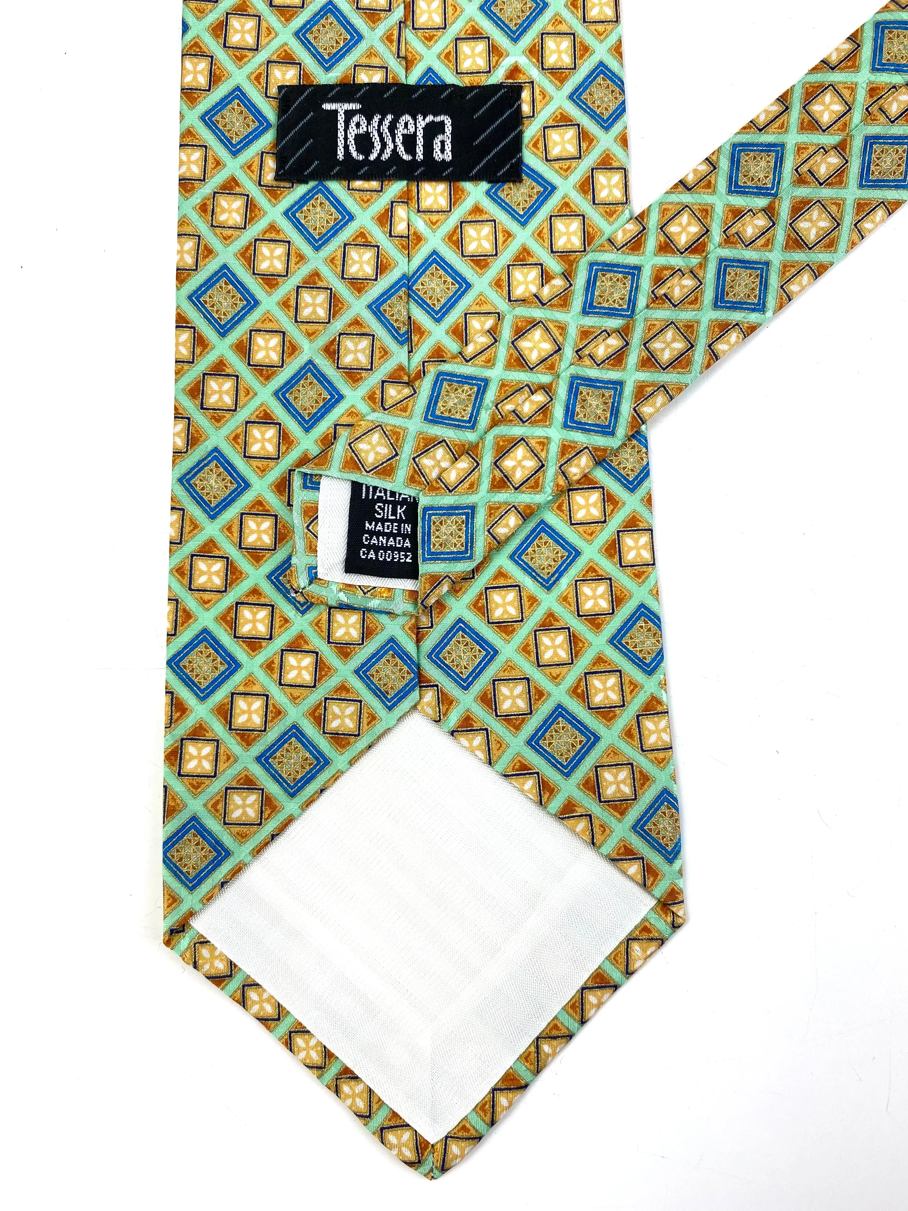 90s Deadstock Silk Necktie, Men's Vintage Green/ Blue/ Gold Geometric Check Pattern Tie, NOS