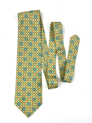 90s Deadstock Silk Necktie, Men's Vintage Green/ Blue/ Gold Geometric Check Pattern Tie, NOS