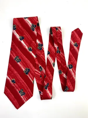 90s Deadstock Silk Necktie, Men's Vintage Red/ Navy Butterfly Pattern Tie, NOS