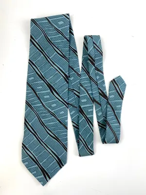 90s Deadstock Silk Necktie, Men's Vintage Teal/ Black Diagonal Stripe Pattern Tie, NOS