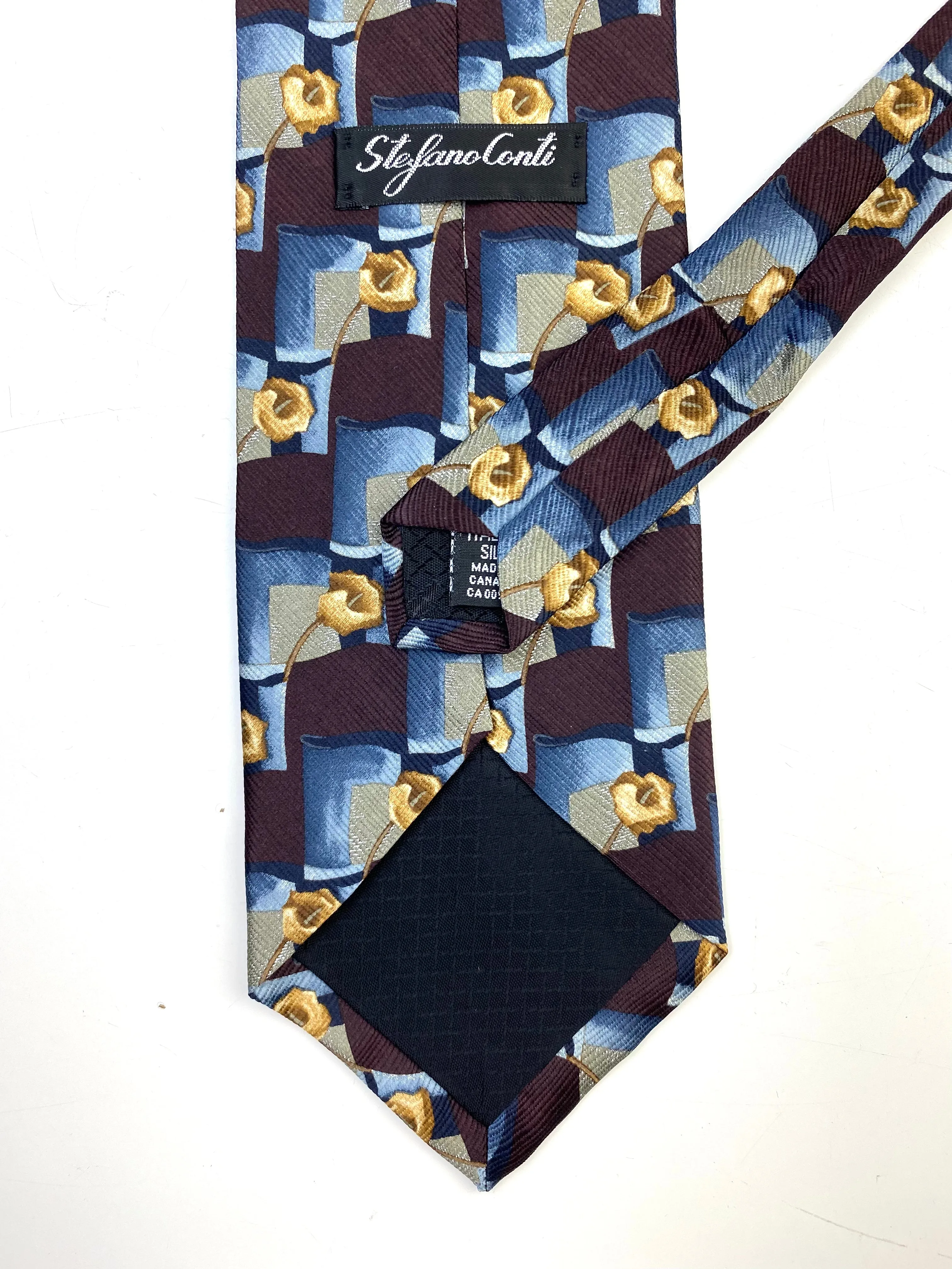 90s Deadstock Silk Necktie, Men's Vintage Wine & Blue Abstract Floral Pattern Tie, NOS