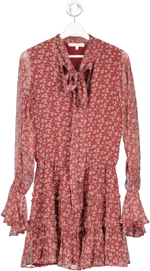 Alexis Red Floral Silk Long Sleeve Tiered Ruched Tie Neck Dress UK XS