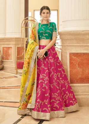 Appealing Pink & Green Art Silk Embroidery Wedding Lehenga Choli