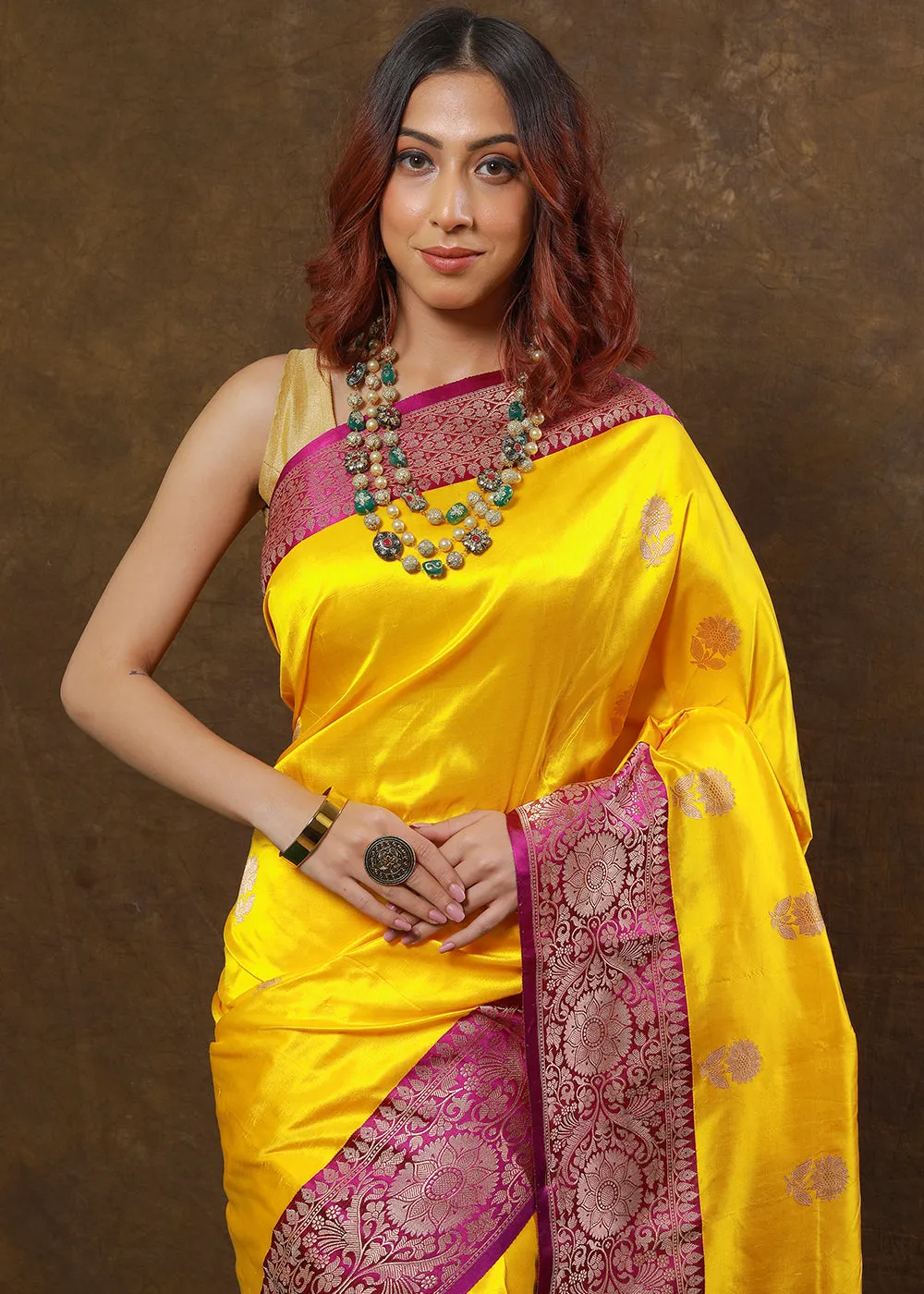 Aureolin Yellow Hand Woven Pure Katan Silk Saree