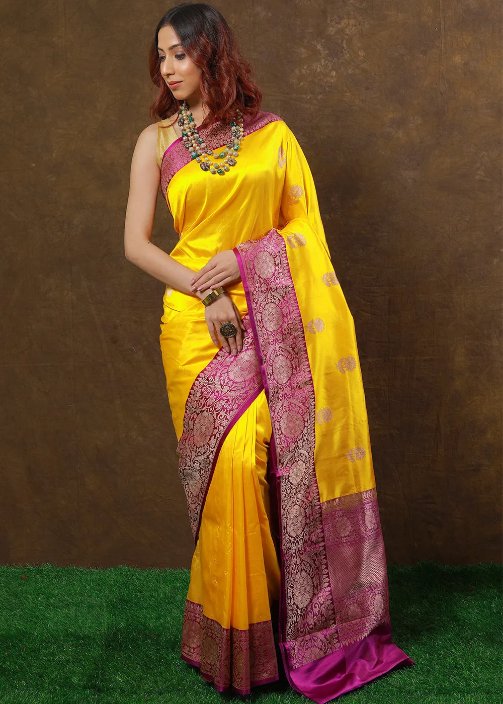 Aureolin Yellow Hand Woven Pure Katan Silk Saree