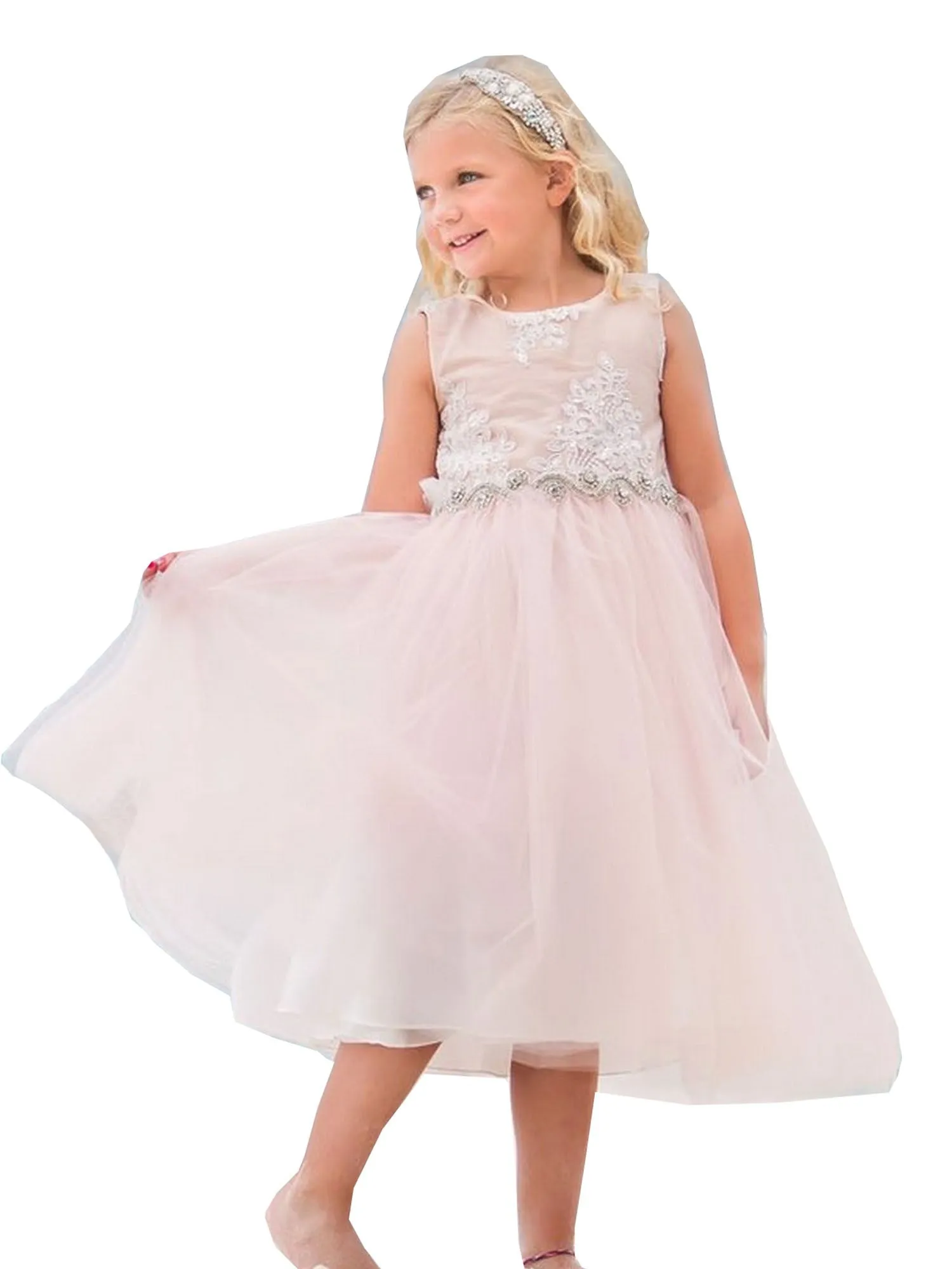 Baby Girls Blush Silk Rhinestone Belt Flower Girl Dress 6-24M