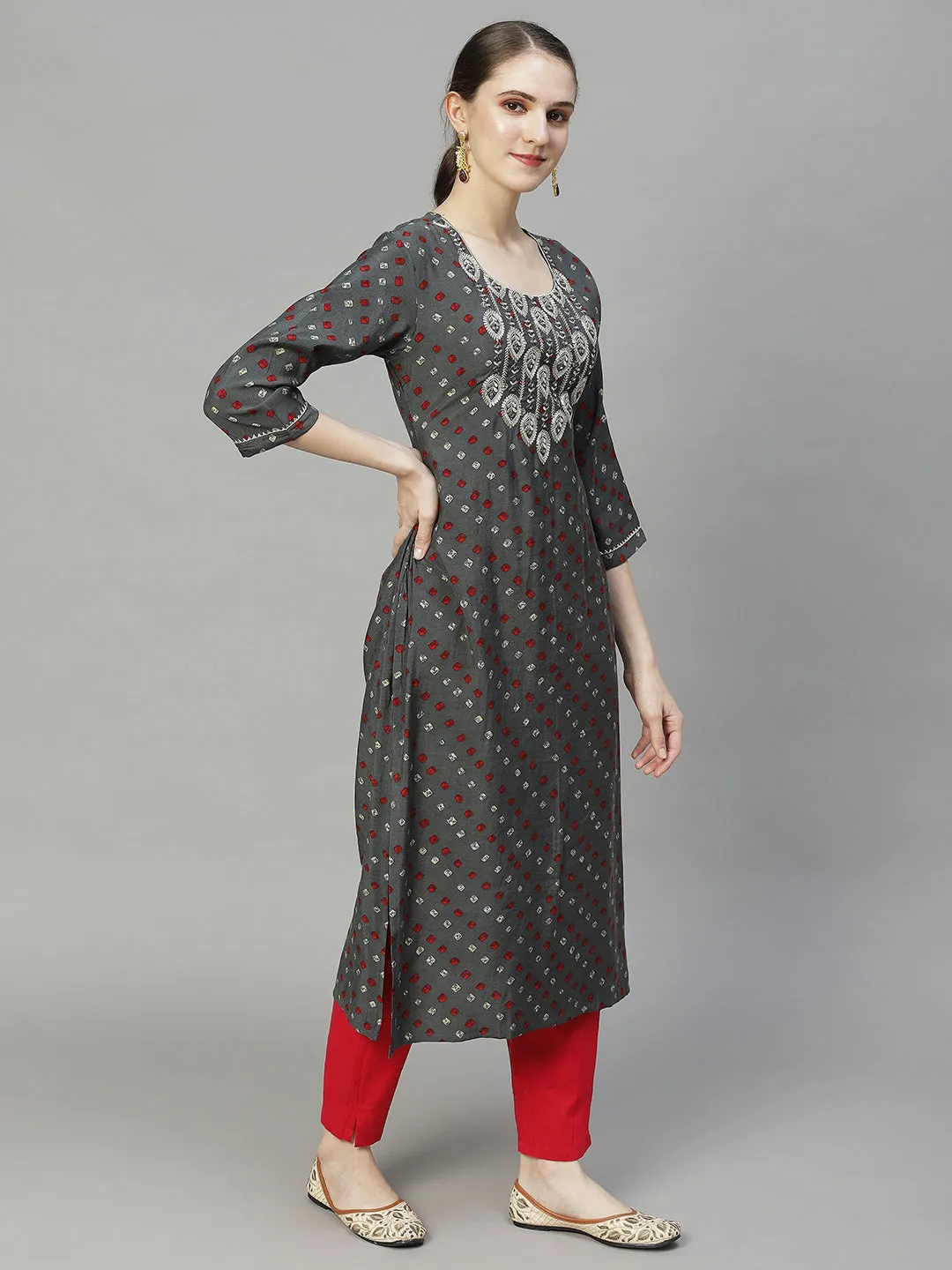 Bandhani Printed & Embroidered Straight Fit Kurta – Grey