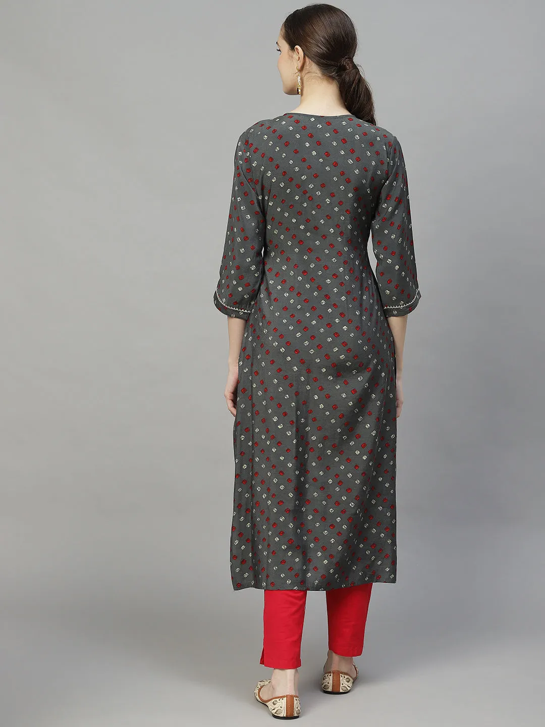 Bandhani Printed & Embroidered Straight Fit Kurta – Grey