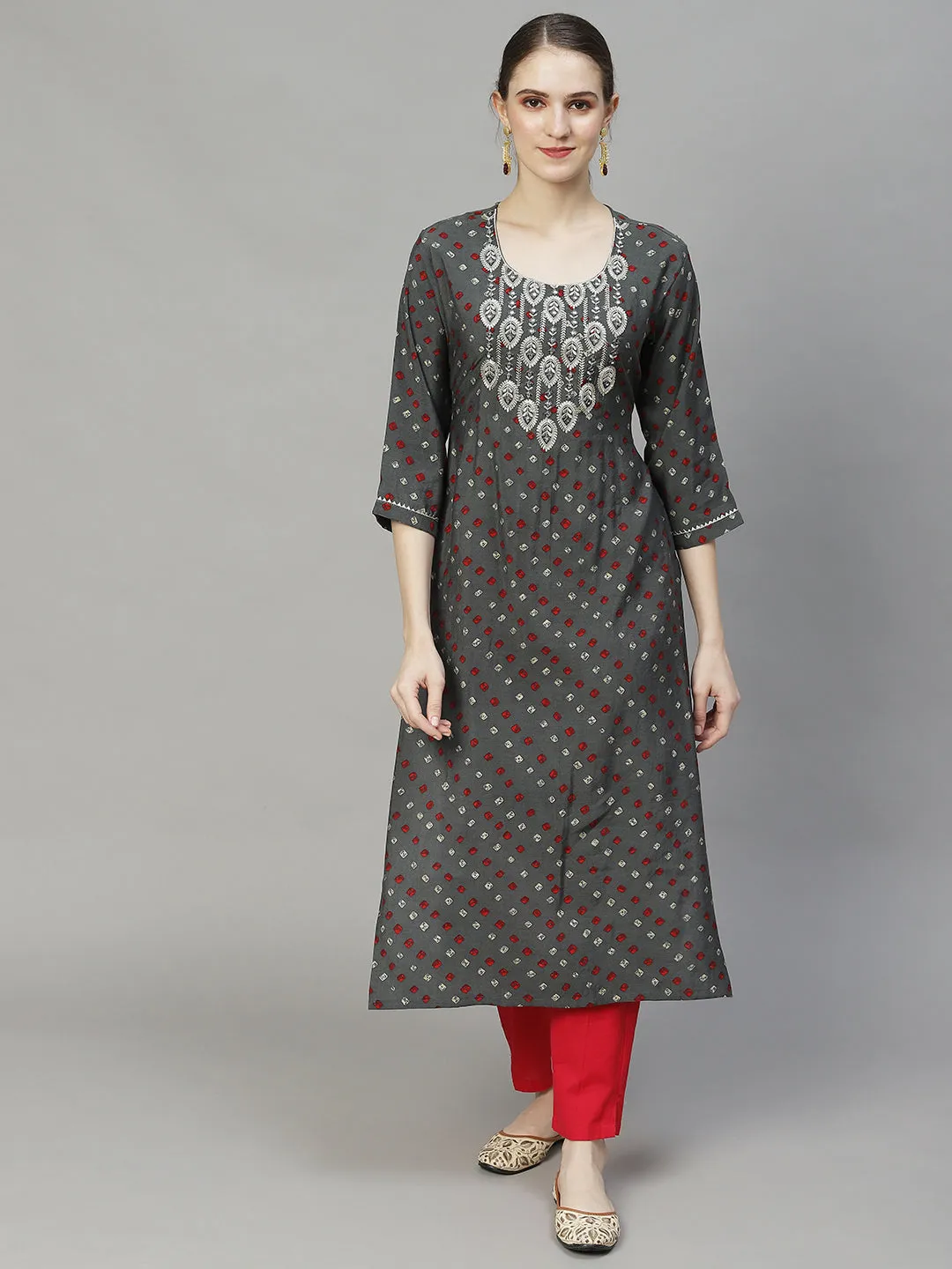 Bandhani Printed & Embroidered Straight Fit Kurta – Grey