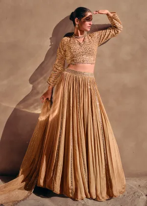 Beige Party Wear Chinnon Silk Designer Lehenga Choli