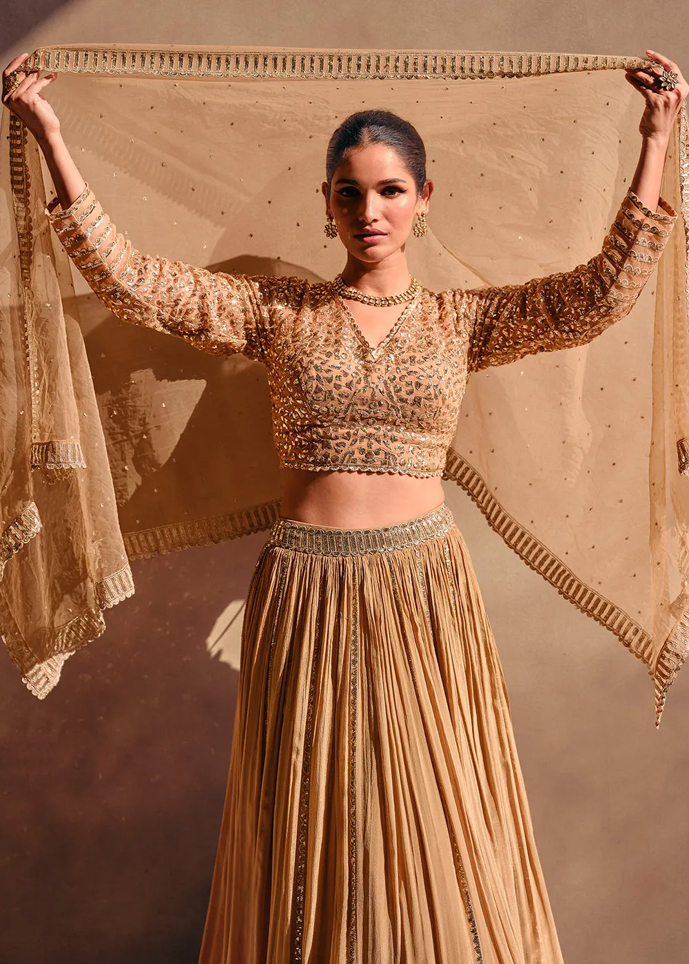 Beige Party Wear Chinnon Silk Designer Lehenga Choli