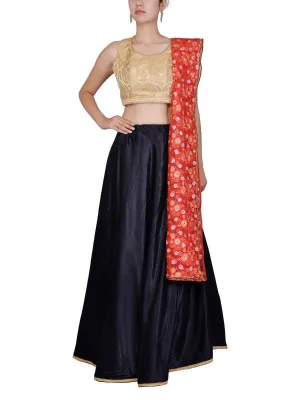 Black Beige Brocade Gajji Silk Lehenga Set