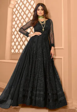 Black Shamita Shetty Net Wedding Anarkali Suit