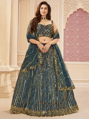 Blue & Golden Sequins Embroidered Wedding Lehenga Choli