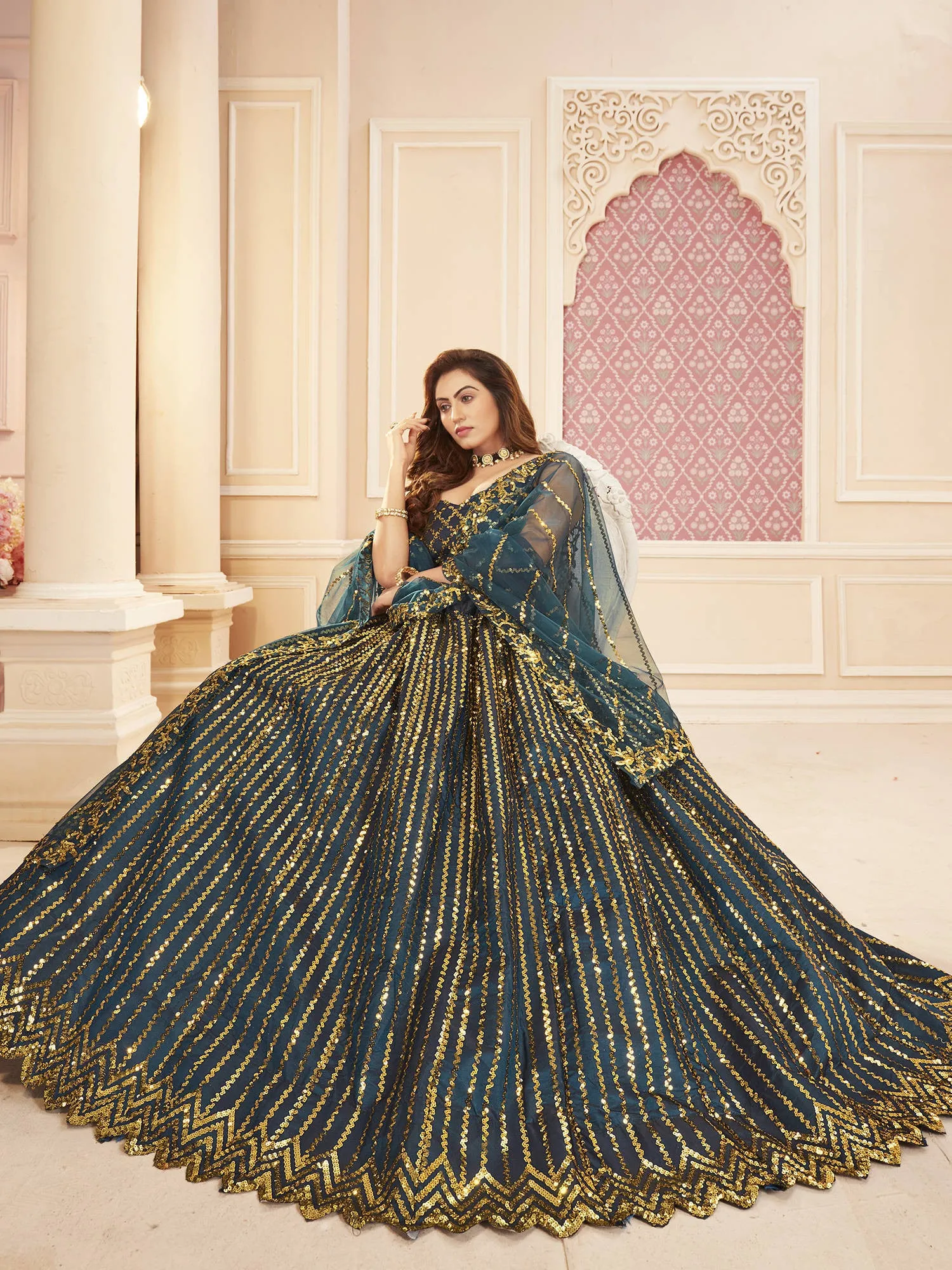 Blue & Golden Sequins Embroidered Wedding Lehenga Choli