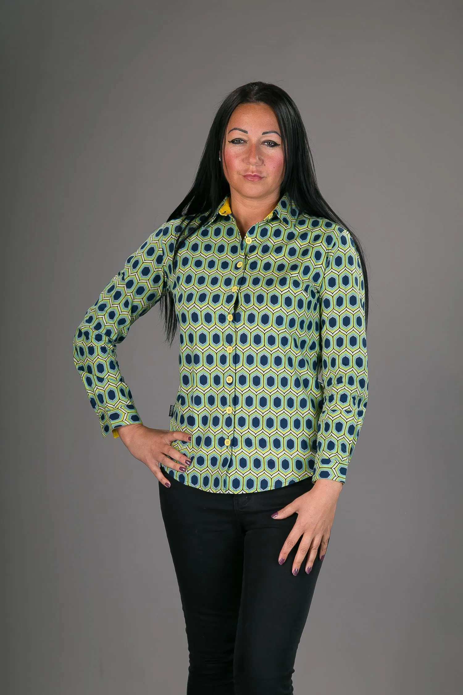 Blue Yellow Geometric Print Cotton Slim Fit Womens Shirt Long Sleeve