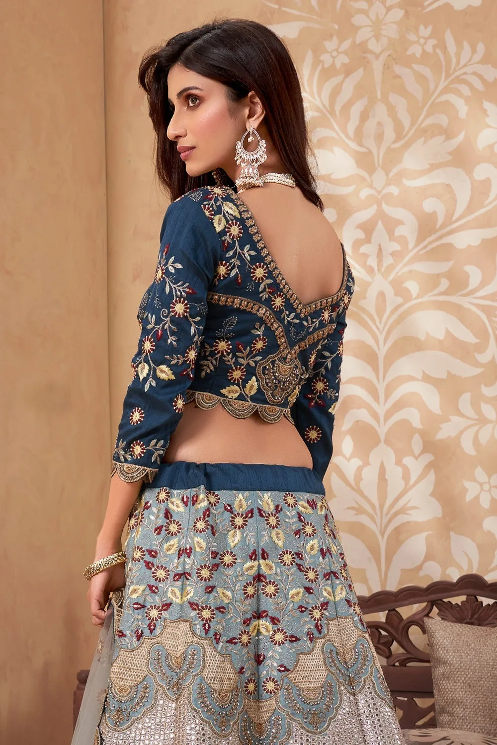 Bridal Cream & Blue A Line All Embroidered Lehenga Choli