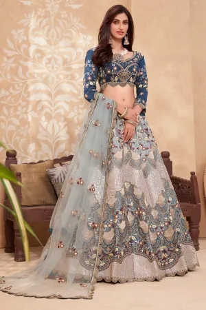 Bridal Cream & Blue A Line All Embroidered Lehenga Choli