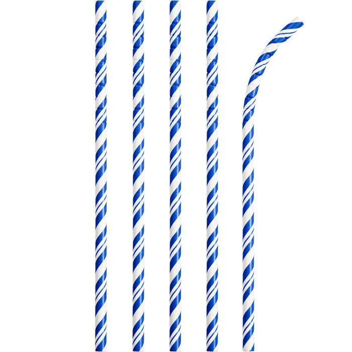 Bulk Cobalt Blue and White Striped Flex Paper Straws (144 per Case)