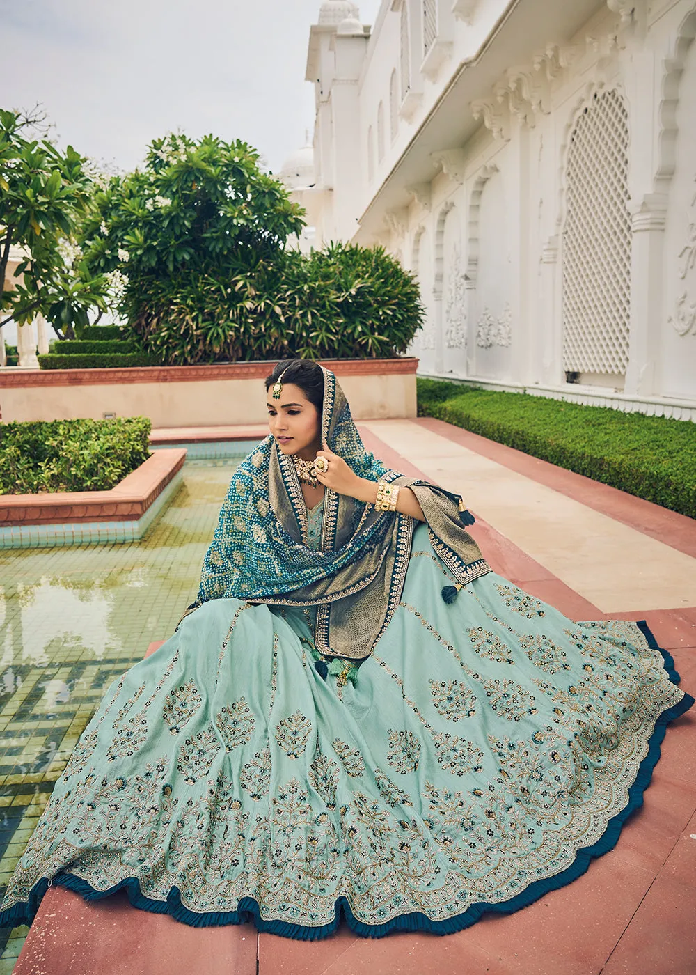 Captivating Sky Blue Viscose Silk Traditional Bridal Lehenga Choli