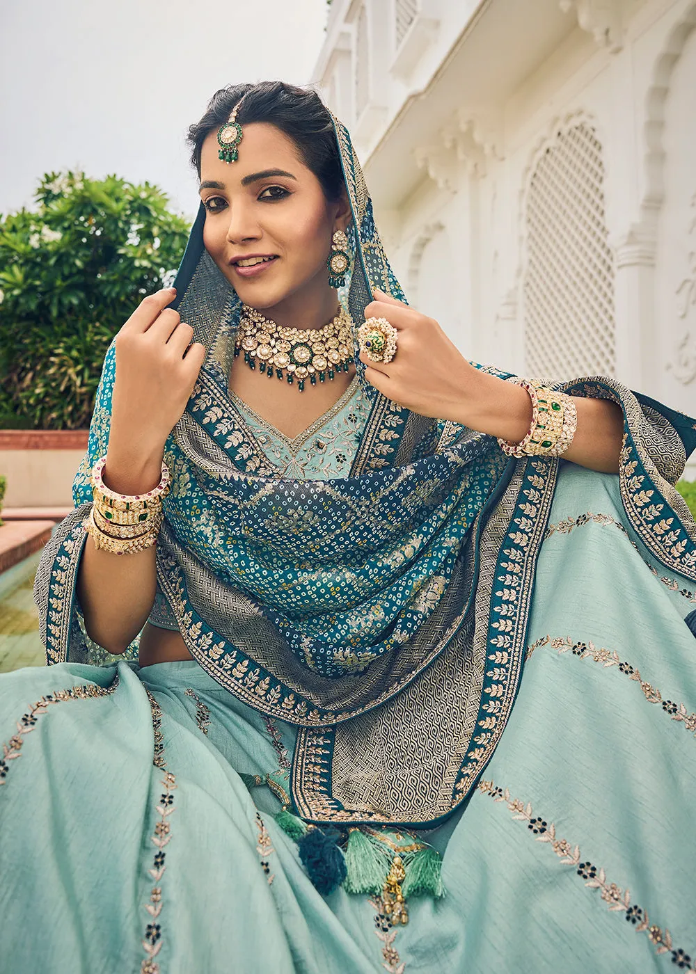 Captivating Sky Blue Viscose Silk Traditional Bridal Lehenga Choli