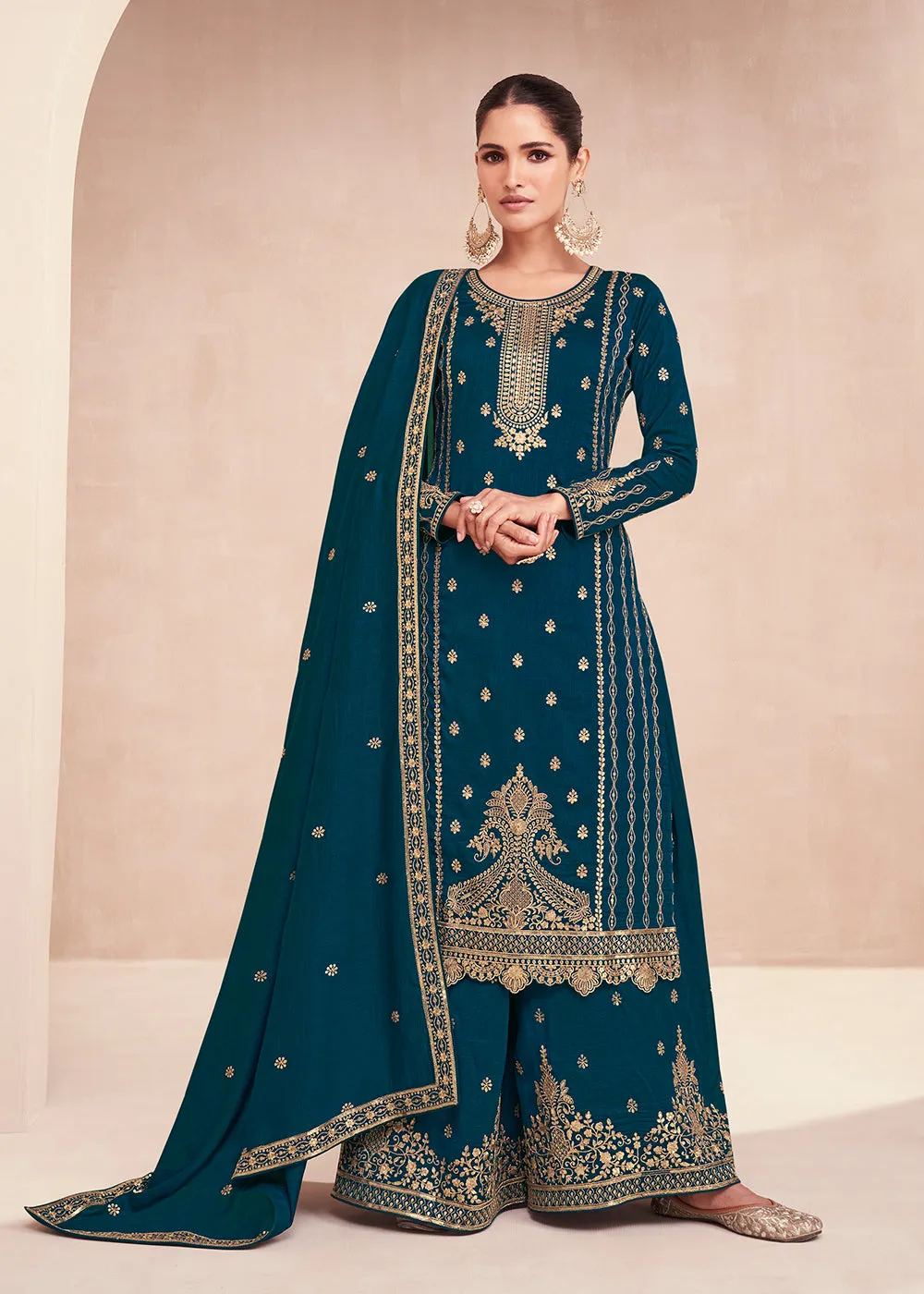 Captivating Teal Blue Zari Embroidered Palazzo Salwar Suit