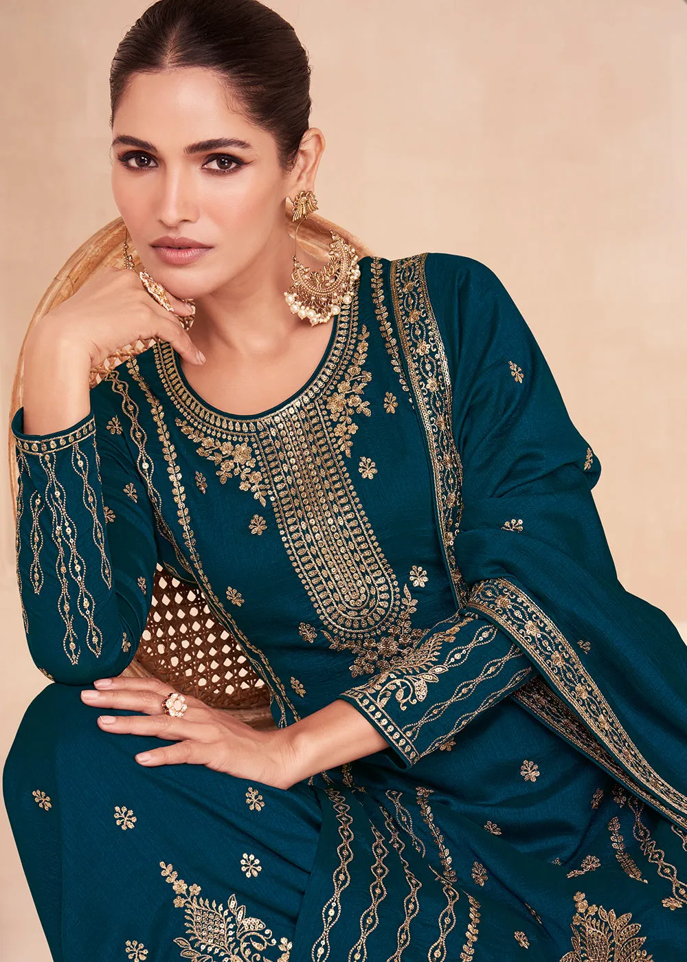 Captivating Teal Blue Zari Embroidered Palazzo Salwar Suit