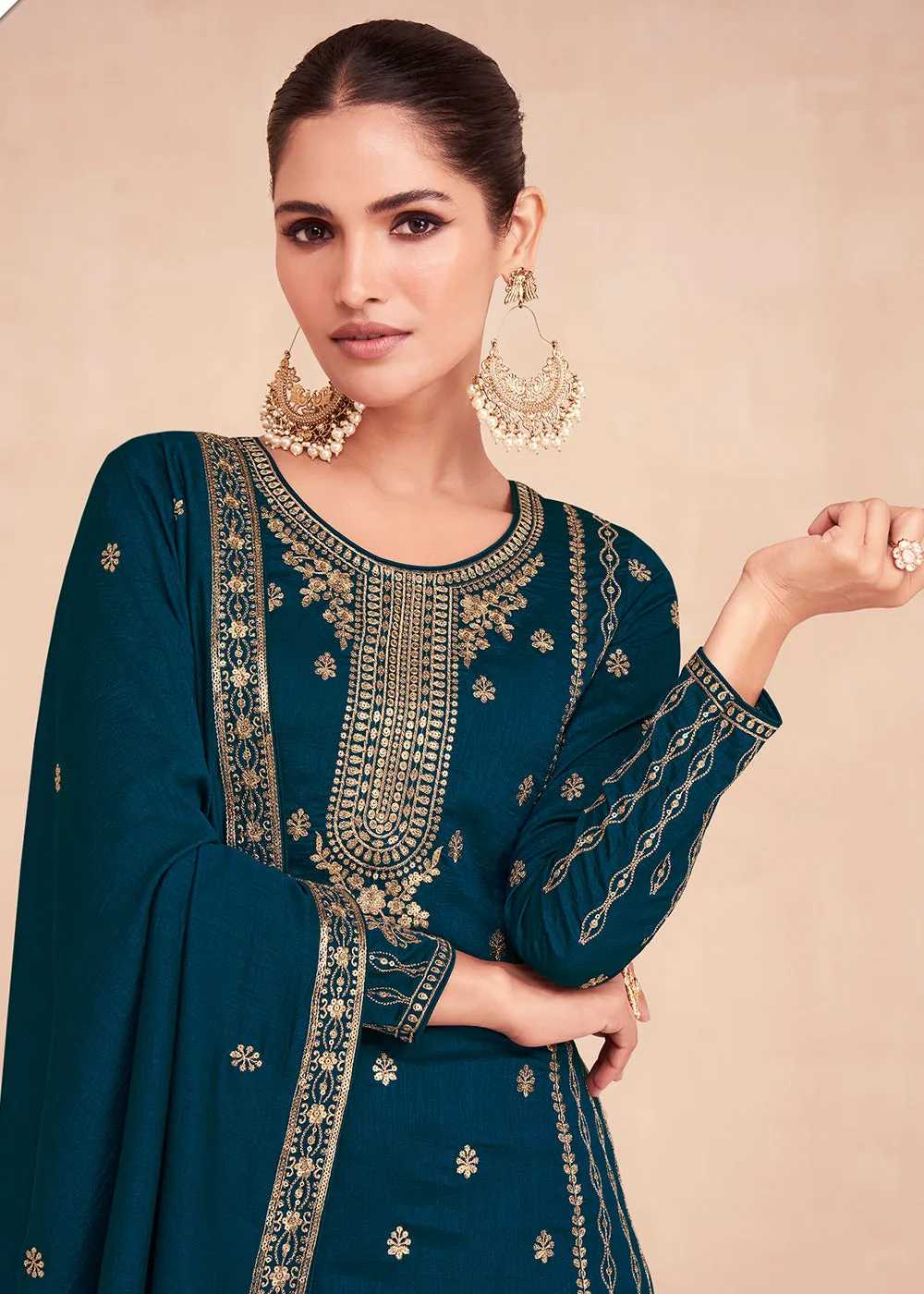 Captivating Teal Blue Zari Embroidered Palazzo Salwar Suit