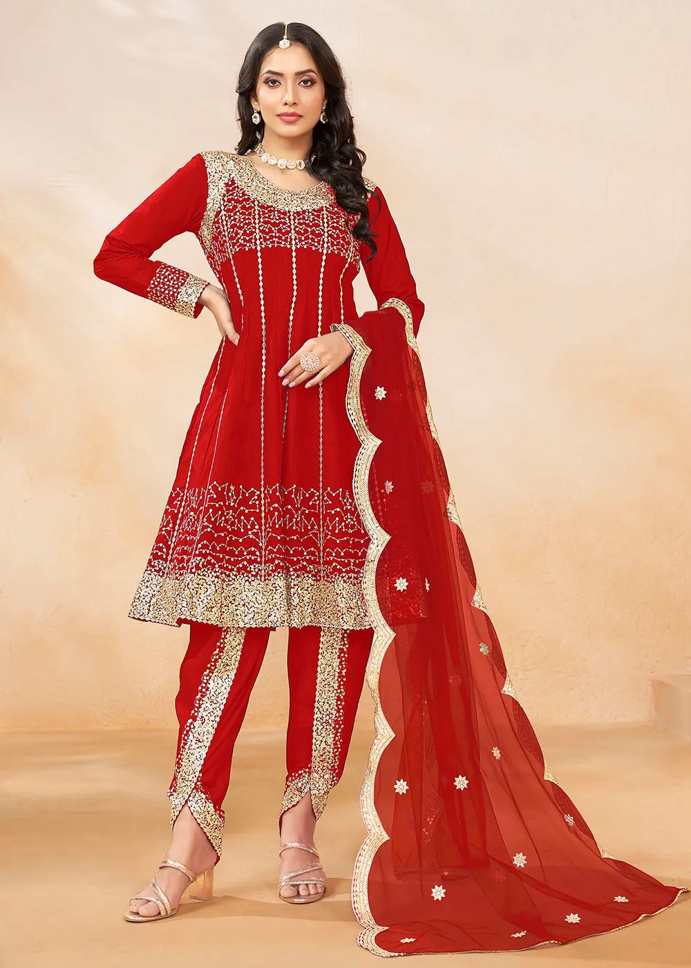 Charming Red Punjabi Dhoti Style Festive Party Suit