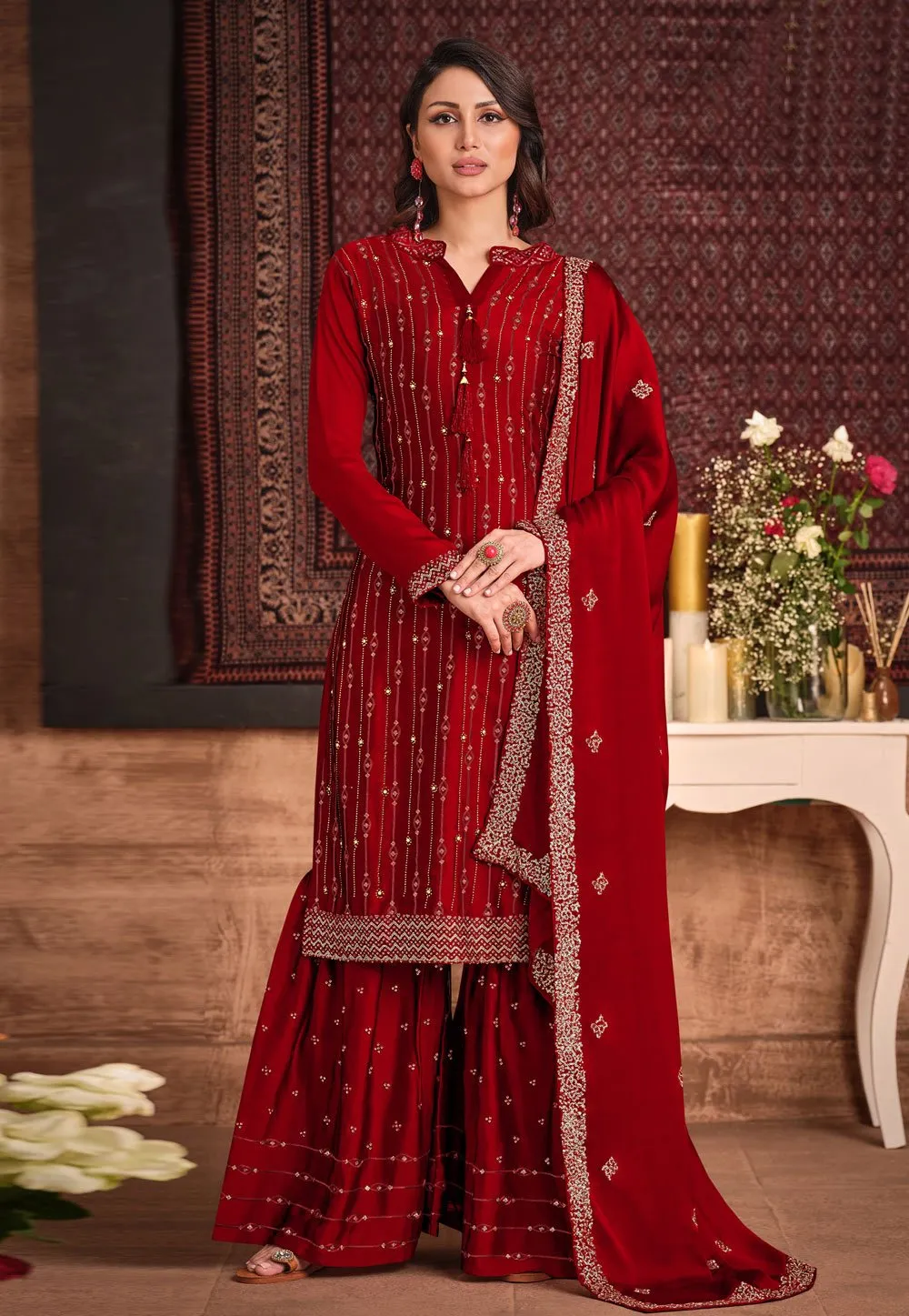 Cherry Red Sequins Embroidered Sharara Suit