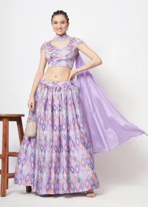 Chinon Silk Lavender Sequins & Printed Wedding Party Lehenga Choli