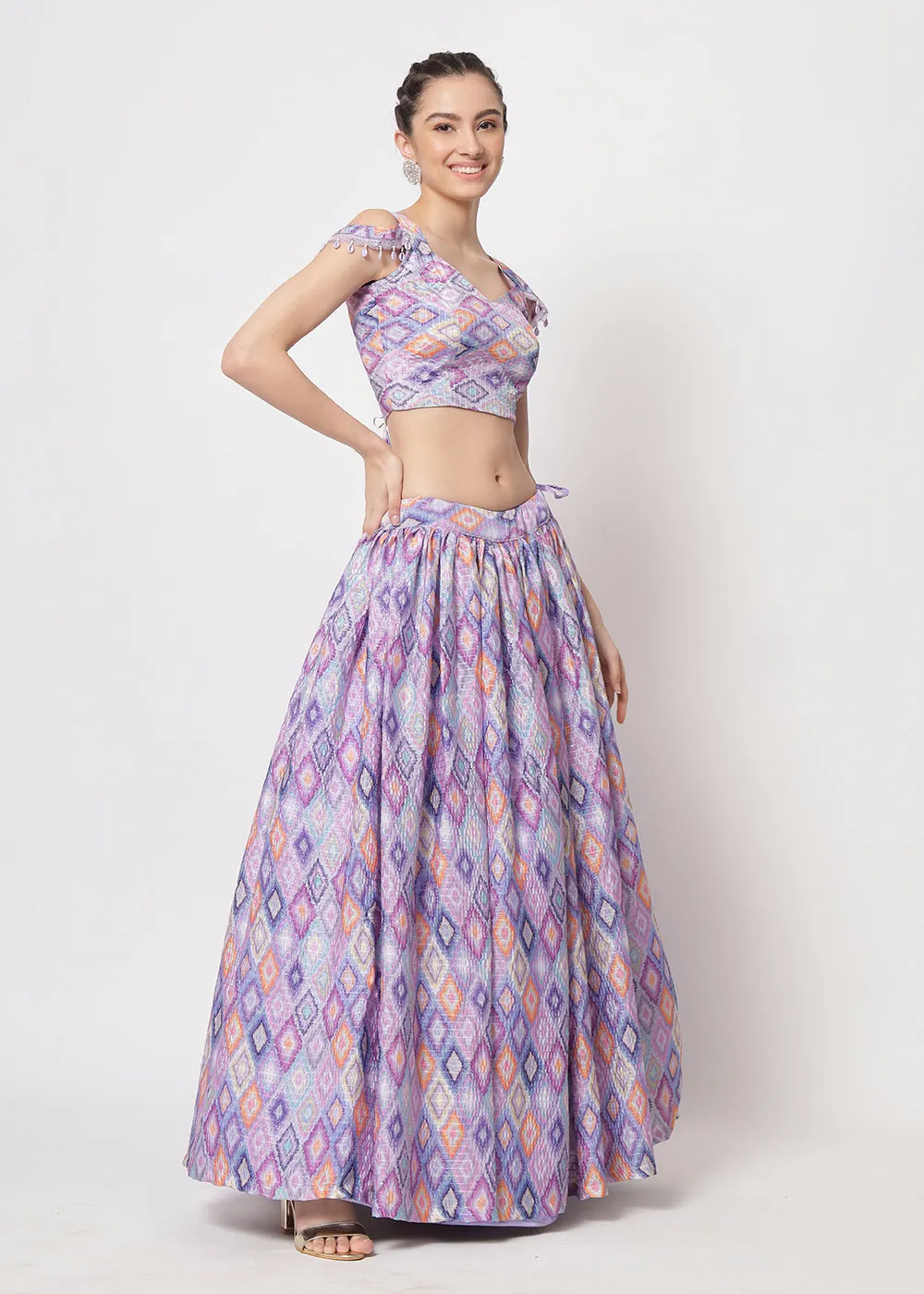 Chinon Silk Lavender Sequins & Printed Wedding Party Lehenga Choli