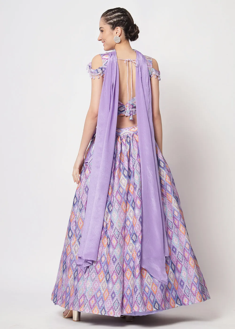 Chinon Silk Lavender Sequins & Printed Wedding Party Lehenga Choli