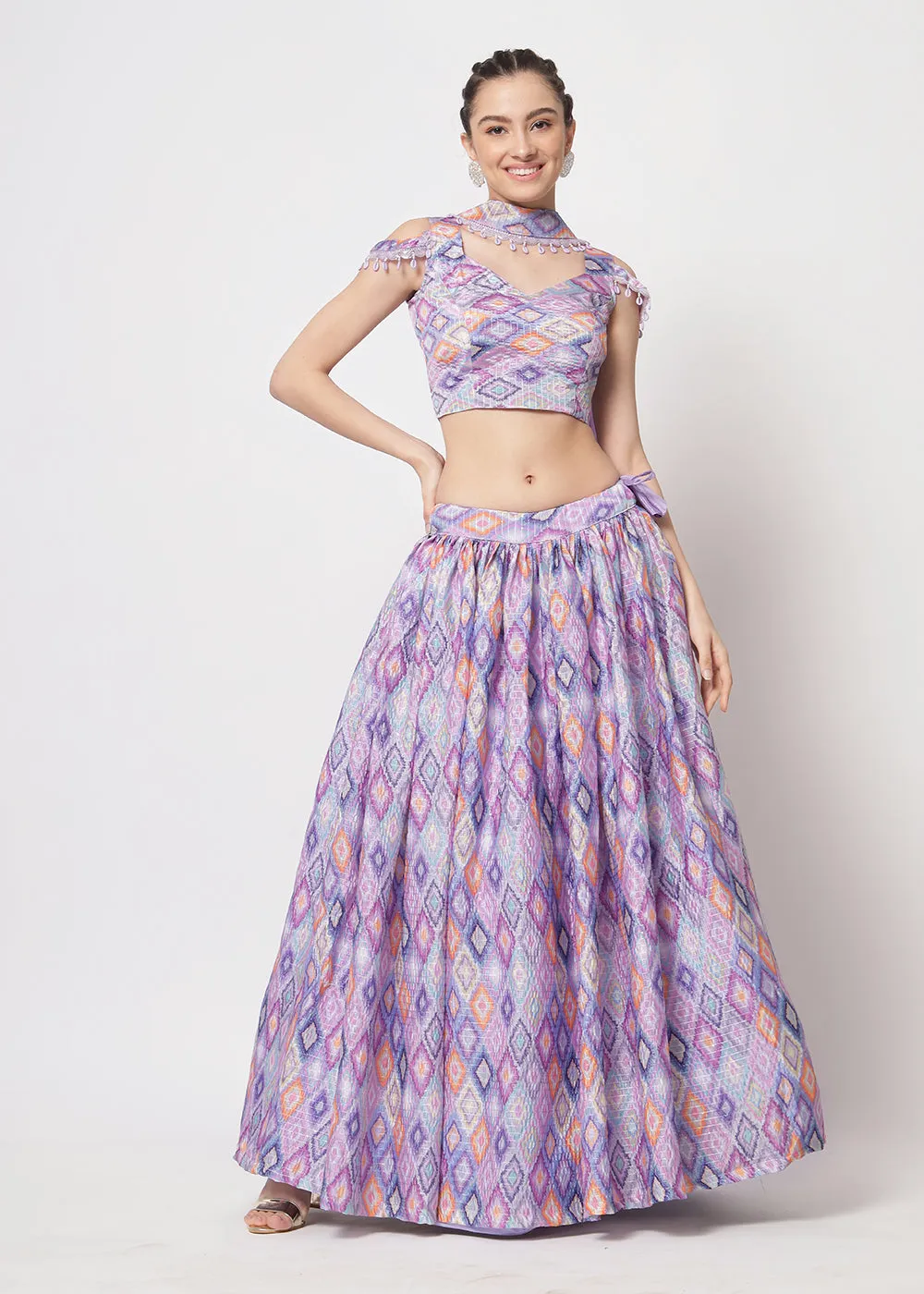 Chinon Silk Lavender Sequins & Printed Wedding Party Lehenga Choli