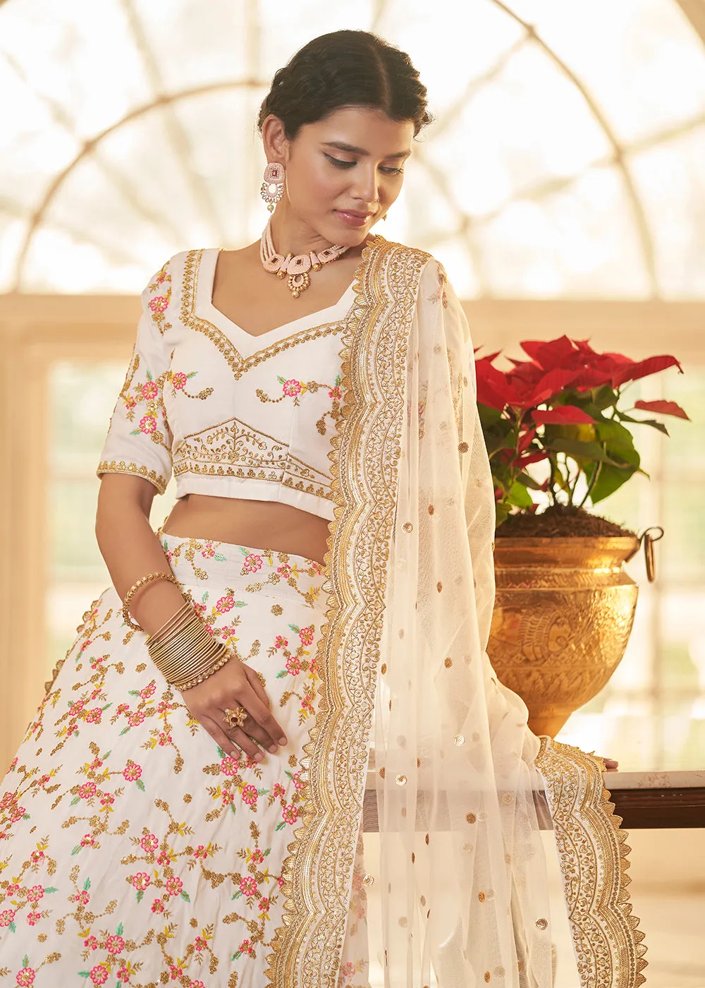 Chinon Silk White Multi Embroidered Wedding Lehenga Choli