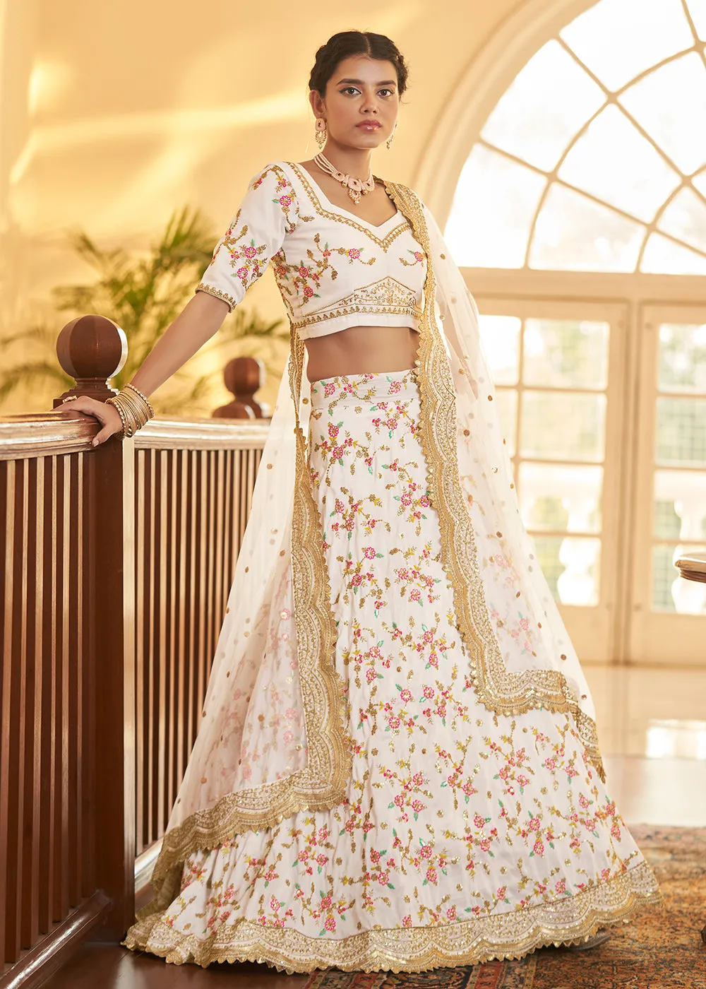 Chinon Silk White Multi Embroidered Wedding Lehenga Choli