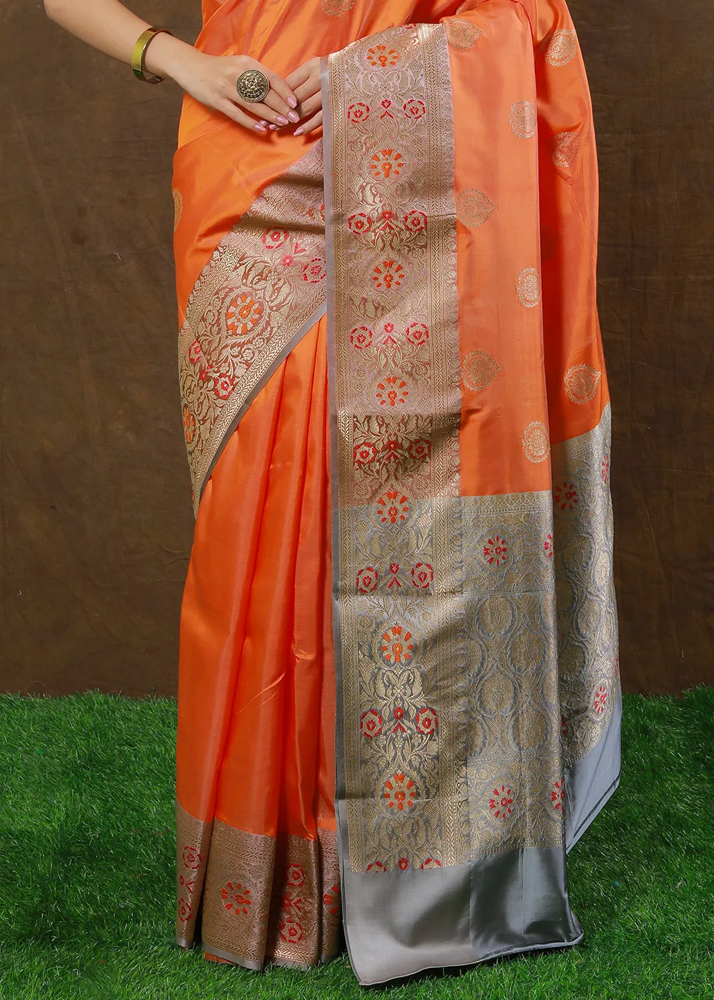 Coral Orange Hand Woven Pure Katan Silk Saree