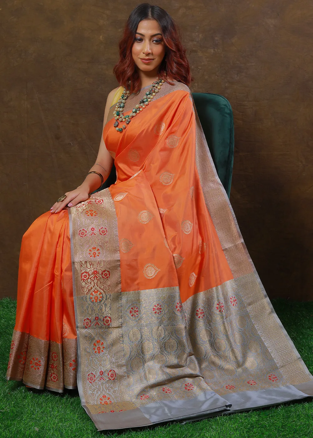 Coral Orange Hand Woven Pure Katan Silk Saree