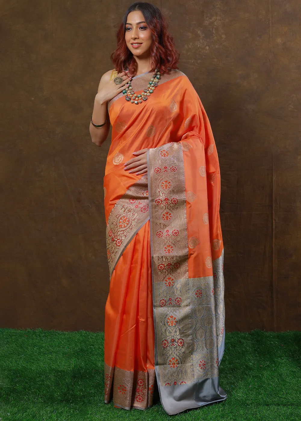 Coral Orange Hand Woven Pure Katan Silk Saree